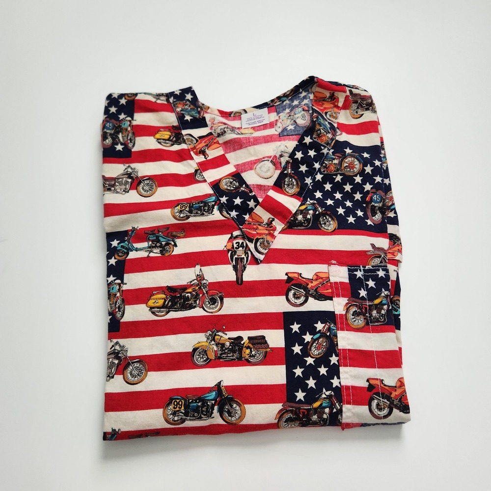 Mens American Flag Motorcycle Scrub Top 100% Cotton Size L